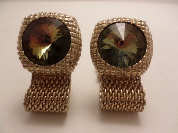 Vintage 70's cufflinks foldover mesh gold aurora borealis crystal fabulous!