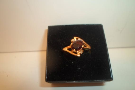 Vintage Mid Century Garnet Ring with 2 small faux diamonds Asymmetrical Setting
