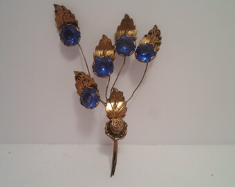 Vintage Hand Made Pin 50's Golden Leaf Flower Design Cobalt Blue Stone