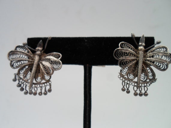 Vintage gypsy Bohemian Butterfly Earrings Sterling Silver Wire Clip 1940's Era as is