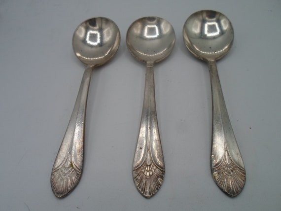 Vintage Manhattan International Silverplate 3 Round bowl Soup Spoons as found.