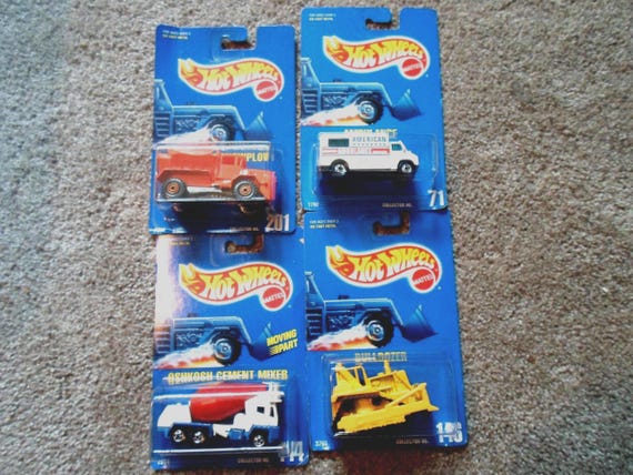 Vintage 1991 Hot Wheels Snowplow Bulldozer Ambulance Cement Mixer Never Opened