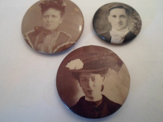 Antique Victorian 3 Picture Pins Collect or Re Purpose Dapper Gentleman Lady with White Rose Hat Lady in Flower Bonnett