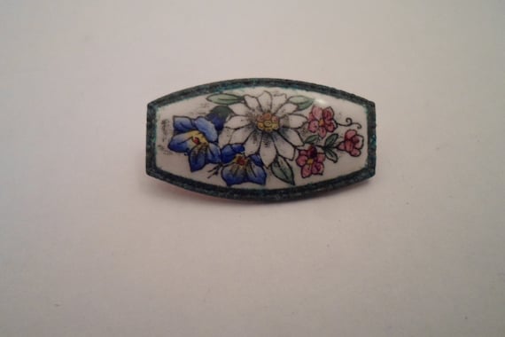 Vintage Enamel on Porcelain Mini Bar Pin Flowers Leaves Dasy Rose Morning Glory Adorable Secret Garden Pin