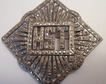 Vintage Art Deco Marcasite Pin Large 4 Corner Design 1930's Original 1930's as is