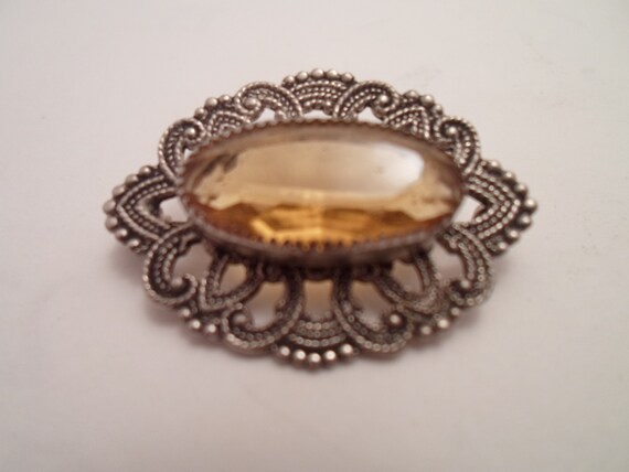 Art Deco Original Vintage Pin Brooch Faceted Oval Topaz Stone Pierced Work Metal Scarf Lapel Collar Chic