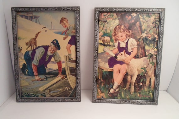 Art Deco Original Prints Children Grandpa Dog Cat Lighthouse Lake Lamb Boats Cherry Blossom Egyptian Revival Frame 7"x 10" Fuzzy texture