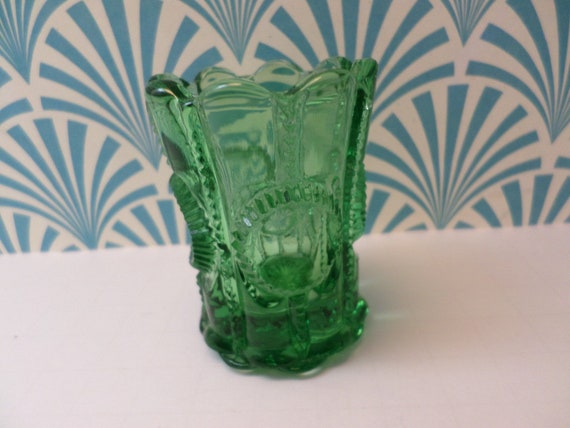 Antique American Pattern glass green ornate toothpick holder demitase spoons pencils Gilded Age Era 1880's Historic!