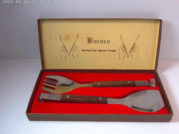 Vintage 60's-70's Mid-Century Modern serving tongs stainless and wood Never used with box