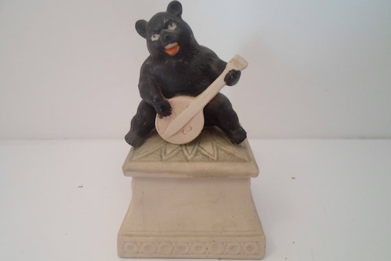 Antique Victorian Black Forest Style Bear playing Banjo Bisque Trinket Box Hand Painted Rare item