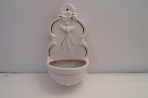Antique Stoneware Early German Holy Water Font Holy Spirit Convent Estate in Chicago Very Good Holy Ghost in Downward position Gothic