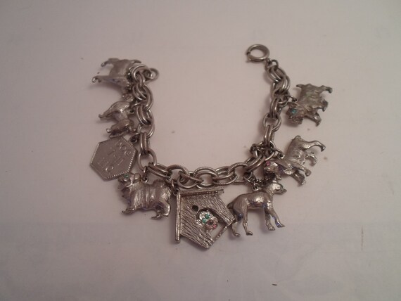 Vintage Mid Century Charm Bracelet All Dogs Dog House and Lic.Many different breed charms Dog Lover's Dream Bracelet Puppy Palace Glass eyes