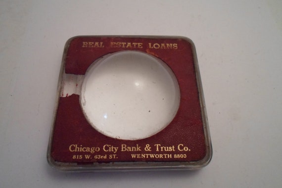 Antique Chicago City Bank Trust Co Advertising Desk paper weight Magnifying Glass Chic Office Desk Art Deco era