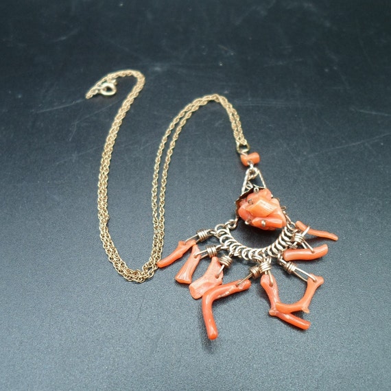 Vintage 14k Gold Chain with Coral Chandelier Pendant Antique Beauty