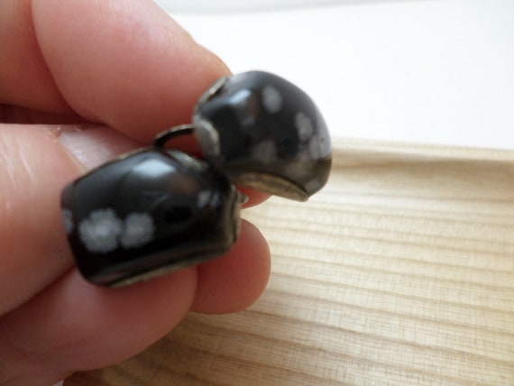 vintage 1940's organic black snowflack obsidian set in sterling silver screwback earrings
