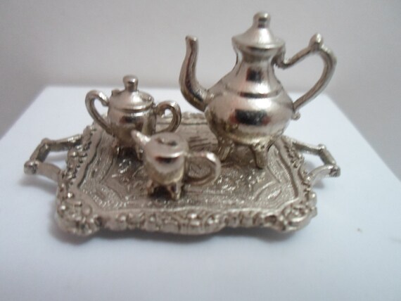 Vintage Mini Faux Silver Tea Coffee Set and Tray 1980's Miniature Doll House Metal