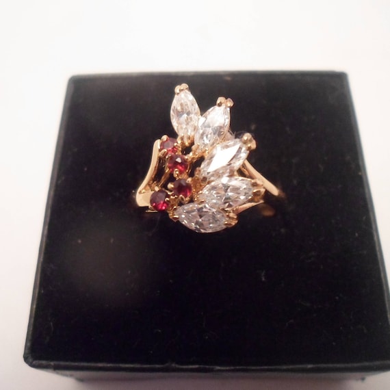 Vintage 70's Gold Plated Garnet & Zircon Cocktail Ring