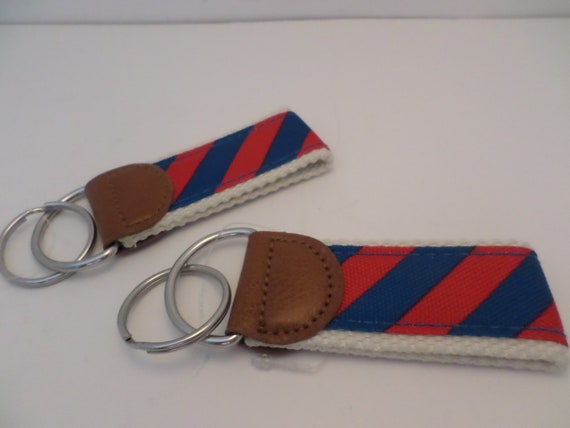 Vintage 80's canvas strap keychains red and blue stripes, long zig zags or bowties