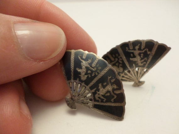 Vintage Siam screwback Fan earrings Sterling Silver Made in Thailand 50's