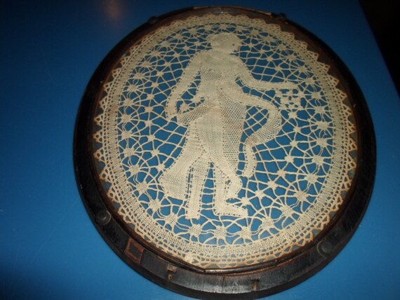 Antique Hair Pin Lace Victorian Woman Encased in Oval Wood/Glass Tray or Wall Decor Intricate Needlework Grecian Flowing Dress Cottage Chic
