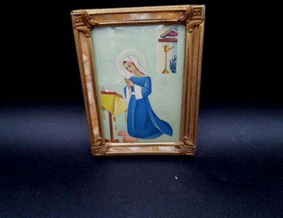 Antique Art Deco Catholic Holy Picture printed in Belgium St. Martin School Chicago 59th Princeton Convex Glass Mother of Pearl Frame Note