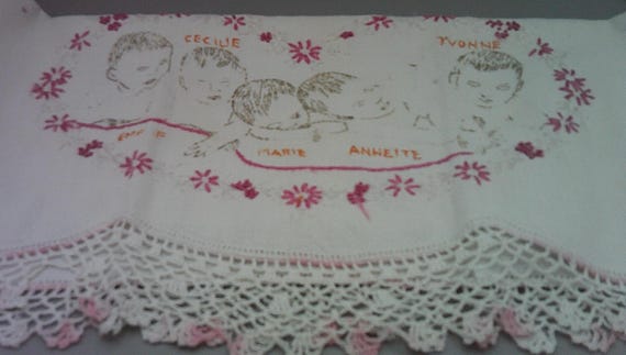 Antique Dionne Quintuplets Linen Embroidered and Crocheted Scarf Hand Towel