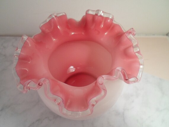 Vintage Fenton Vase Rose Bowl White Cased Pink Vase Silver Crest Edge Double Crimped Wave 50's Cool!