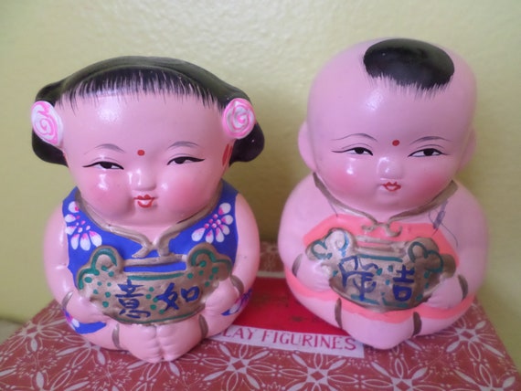 Vintage new old stock in box WUXI clay figures Boy & Girl