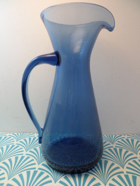 MCM Hand Blown Art Glass Pitcher: Deep Blue Applied Handle