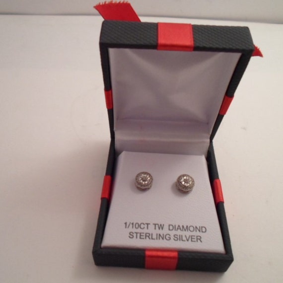 Vintage 80's Sterling Silver and Diamond Pierced Post Earrings for the Sweetheart Original Box Nice Sparkle .25"across Real Diamonds