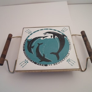 Vintage MCM Dolphin Tile and Tray Chicago Zoological Park Hang or use with Trivet Tray Dancing Dolphins
