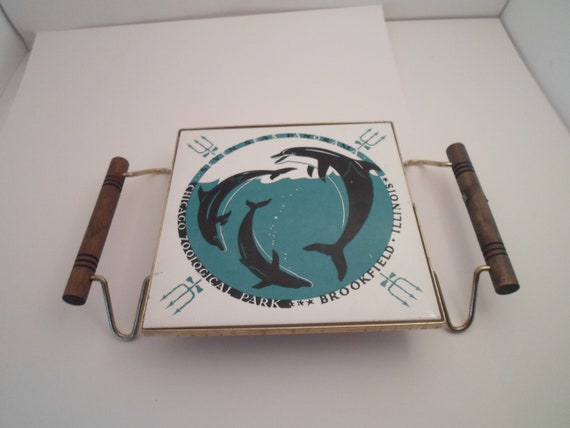 Vintage MCM Dolphin Tile and Tray Chicago Zoological Park Hang or use with Trivet Tray Dancing Dolphins