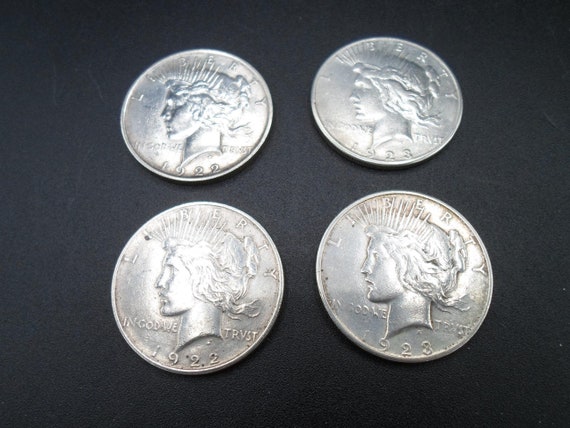 4 Peace Silver Dollars Two 1922 and Two 1923 S Nice Antique 90% Silver