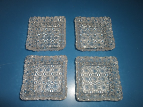 American Pattern Glass  Square Bowls Desert Berries Buttons and Bows Pattern As Found 1900's