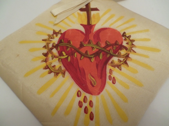 Vintage handpainted on silk wall hanging of Sacred Heart funeral artist Lethorne O'Connor Chicago 40's era