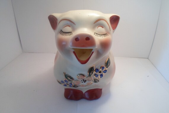 Antique Original Shawnee Rare Gold Decorated Large Smiley Pig Pitcher Farm house Ready Cottage Chic Stunning Condition Not a Reproduction