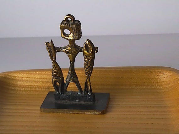 Vintage Aharon Bezel Brass Bronze Brutalist Zodiac Pisces Astro Made in Isreal Yitzchak Bier