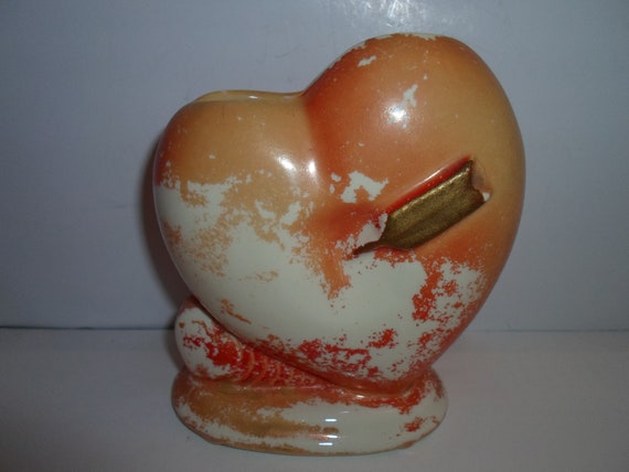 Vintage Heart Vase 1940's Distressed Shabby Chic