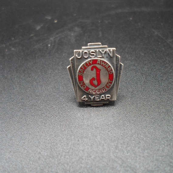 Vintage Sterling Silver Joslyn Company 4 year Pin No Accident Safety Award Art Deco Design