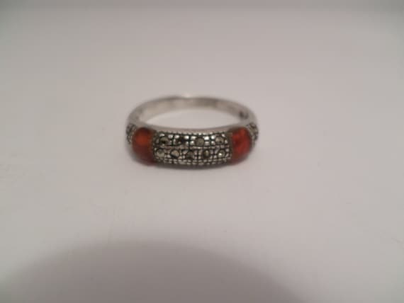 vintage sterling silver marcasite and carnelion ring marked 925 and logo hallmark M SZ 7.5