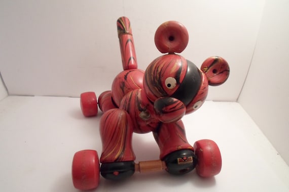 Mid Century Mod Hand Painted All Wood Pluto Italian Milano Dog on Wheels Signed find Farm house Cottage Decor Adorable