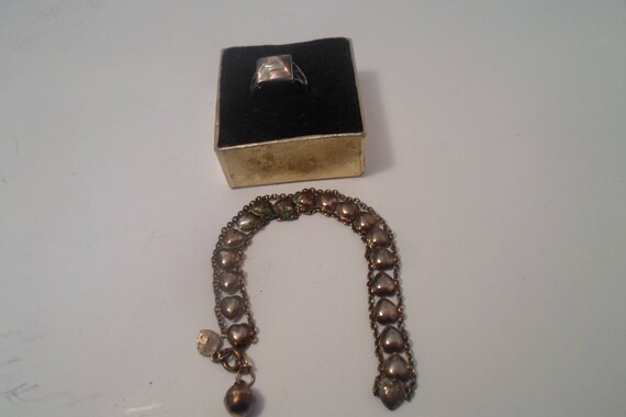 2 Original Art Deco Items Ablone Sterling Silver Ring & Unique Mini Chained Puffy Heart Sterling Silver Bracelet as is