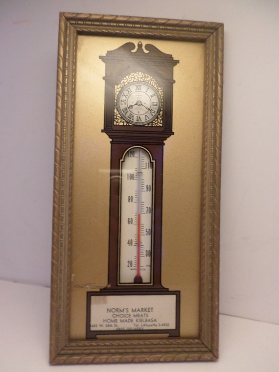 Vintage 1930s NORM"S MARKET choice meats Polish Sausage Kielbasa Grandfather clock thermometer premium advertising