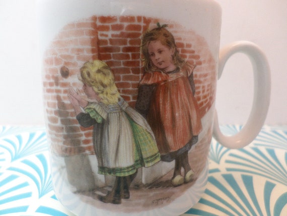 Vintage 80's retro Dutch Victorian girls mug Royal Schwabap Kaatsebal,Ik vang je al