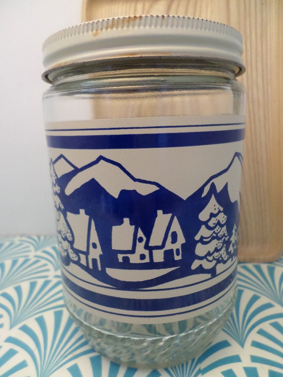 Vintage Anchor Hocking 70's Peanut Butter Jar canister blue white ski lodge scene