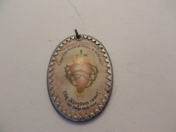 Vintage Sacred Heart Scapular metal starburst edge Spiritual Jesus Icon