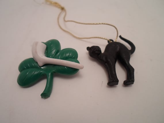 Vintage Black Halloween Black Cat and St Patrick Shamrock Pipe Charms  1950's