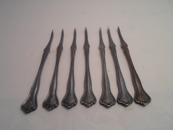 Vintage 1835 R Wallace Silverplate 7 Lobster Crab Nut Picks Engraved Initial Farm to Table City Chic