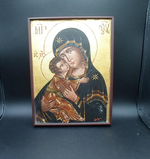 Vintage Byzantine Icon Virgin Mary Child Jesus Print Plaque Gold Leaf 10.50"x 8"Loving Face
