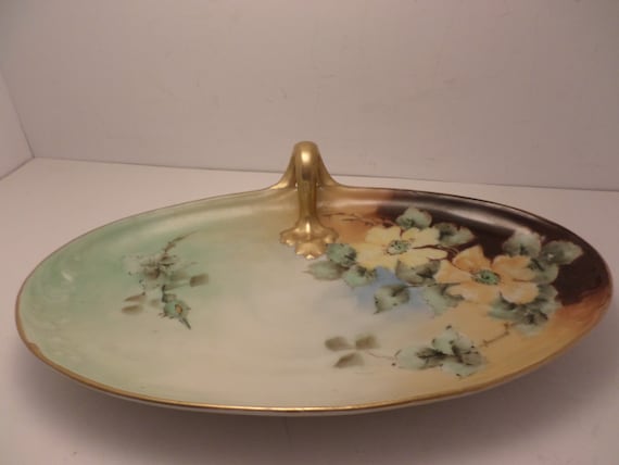 Antique Limoges France Hand painted Art Nouveau gold leaf yellow blossom flowers tray food jewelry trinkets bath